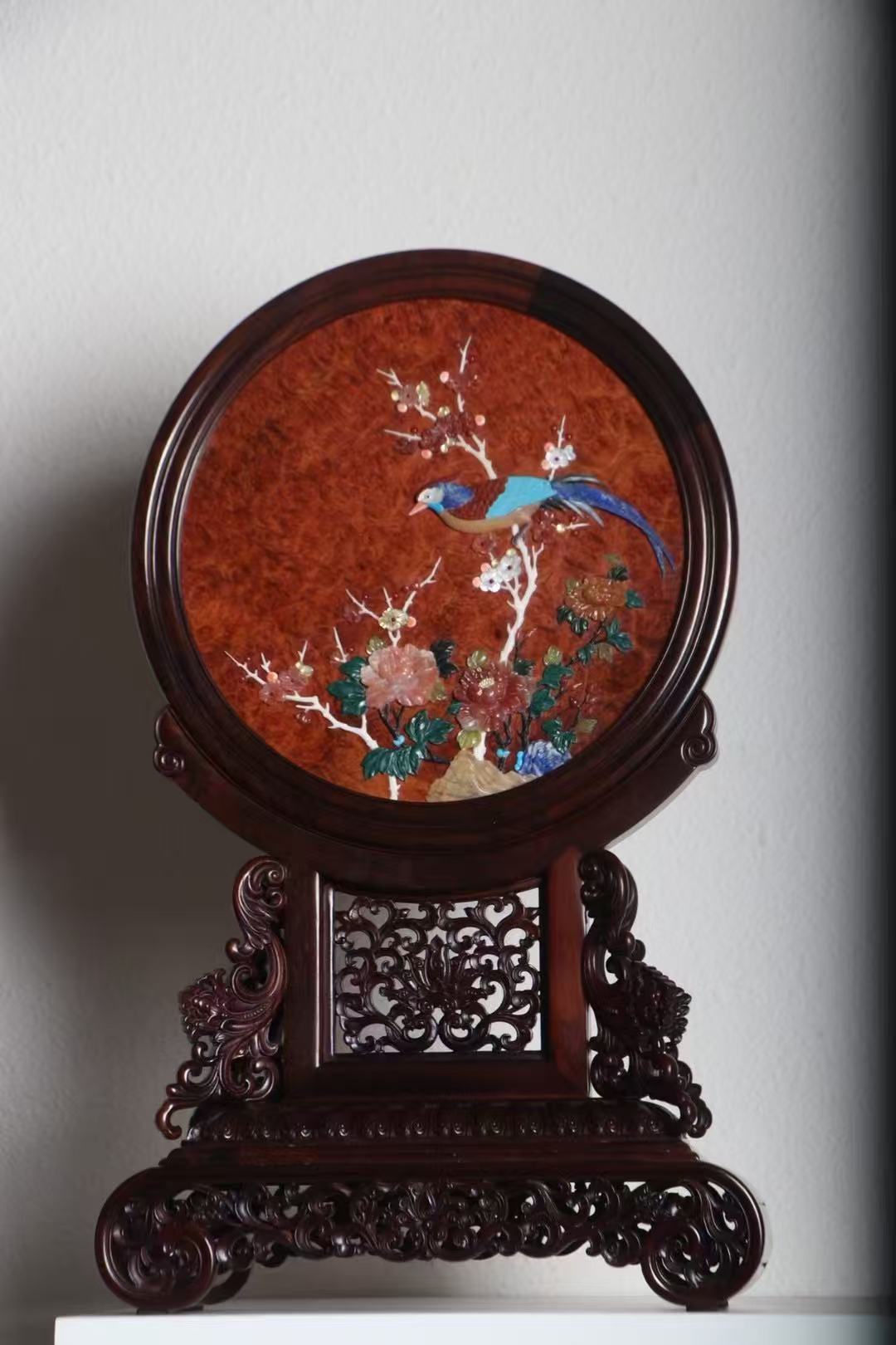 老挝大红酸枝百宝嵌富贵鸟圆屏中堂玄关装饰摆件