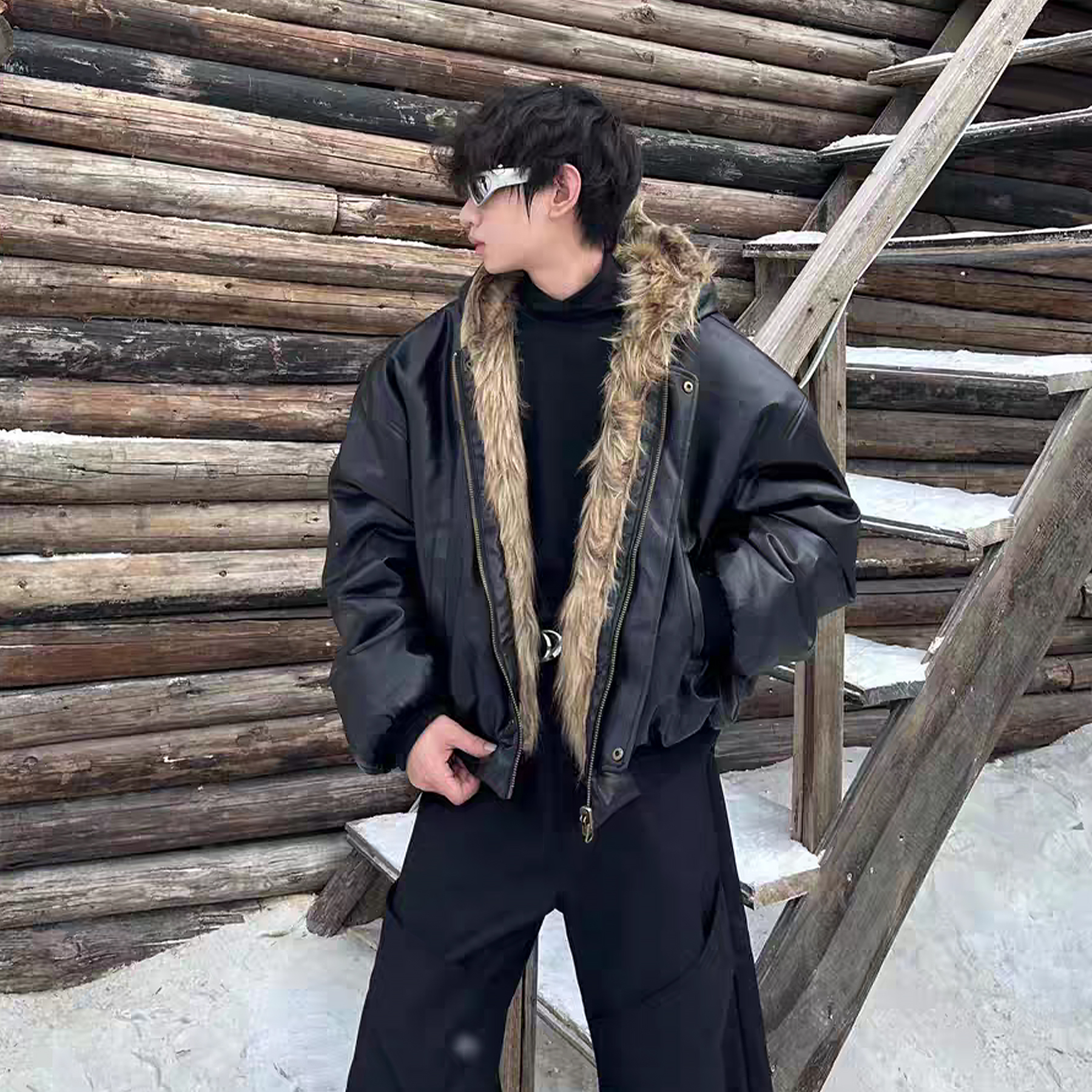 美式高级感座山雕夹克棉服男女冬季加绒加厚双面穿皮毛一体外套