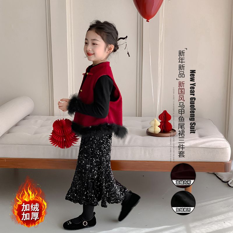 原版背心加绒女童拜年服2025新款冬装新中式红色新年套装儿童过年