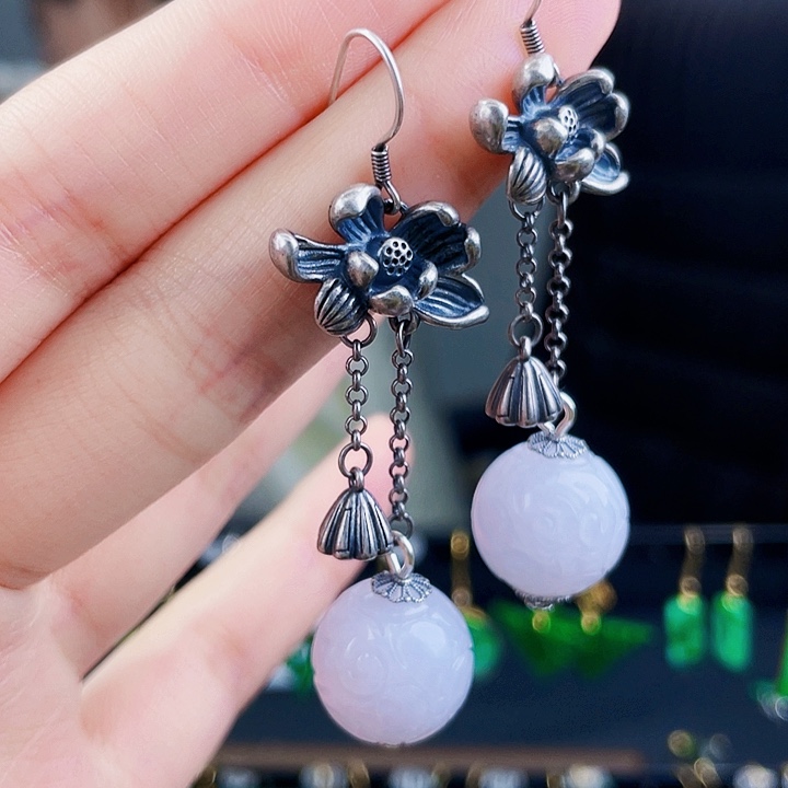 翡翠耳饰银S925镶嵌饰品