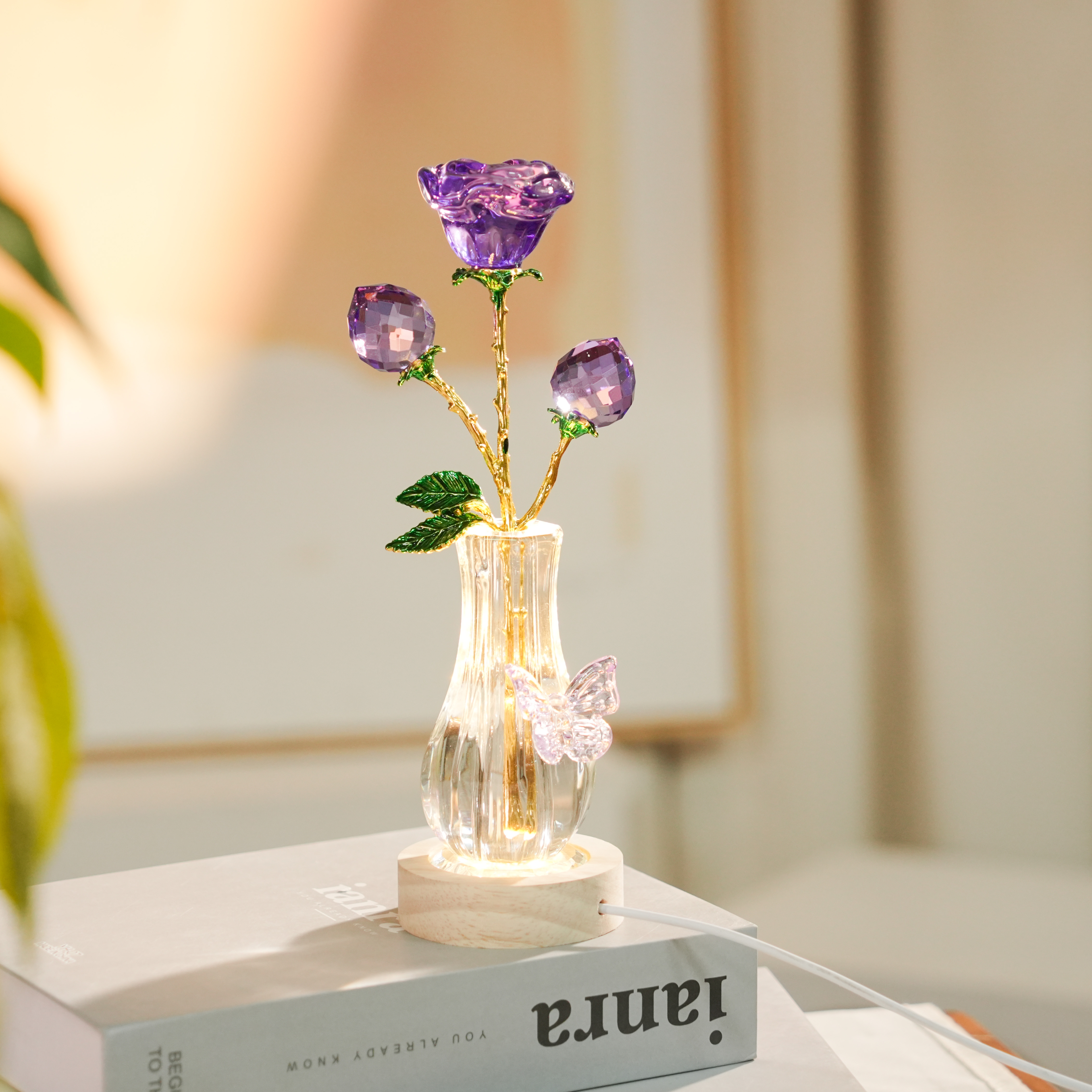 轻奢珐琅彩紫色三头玫瑰水晶灯摆件创意结婚礼物卧室客厅摆设