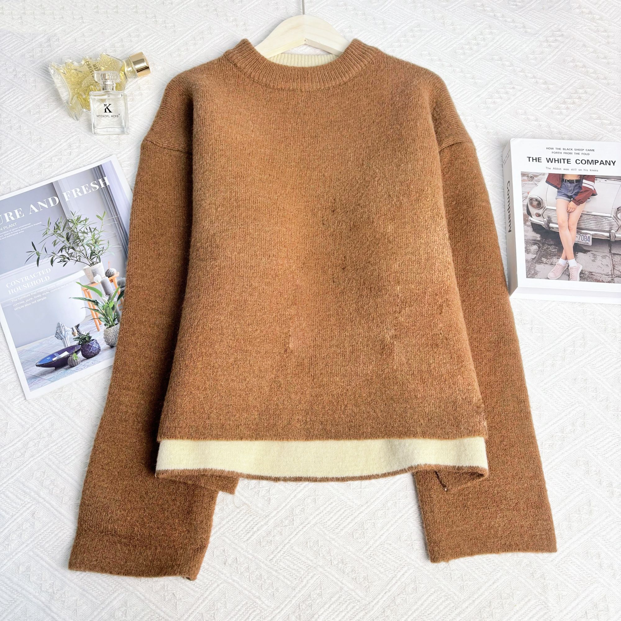 玲姐定制-圆领宽松休闲开叉下摆秋冬百搭针织毛衣571417