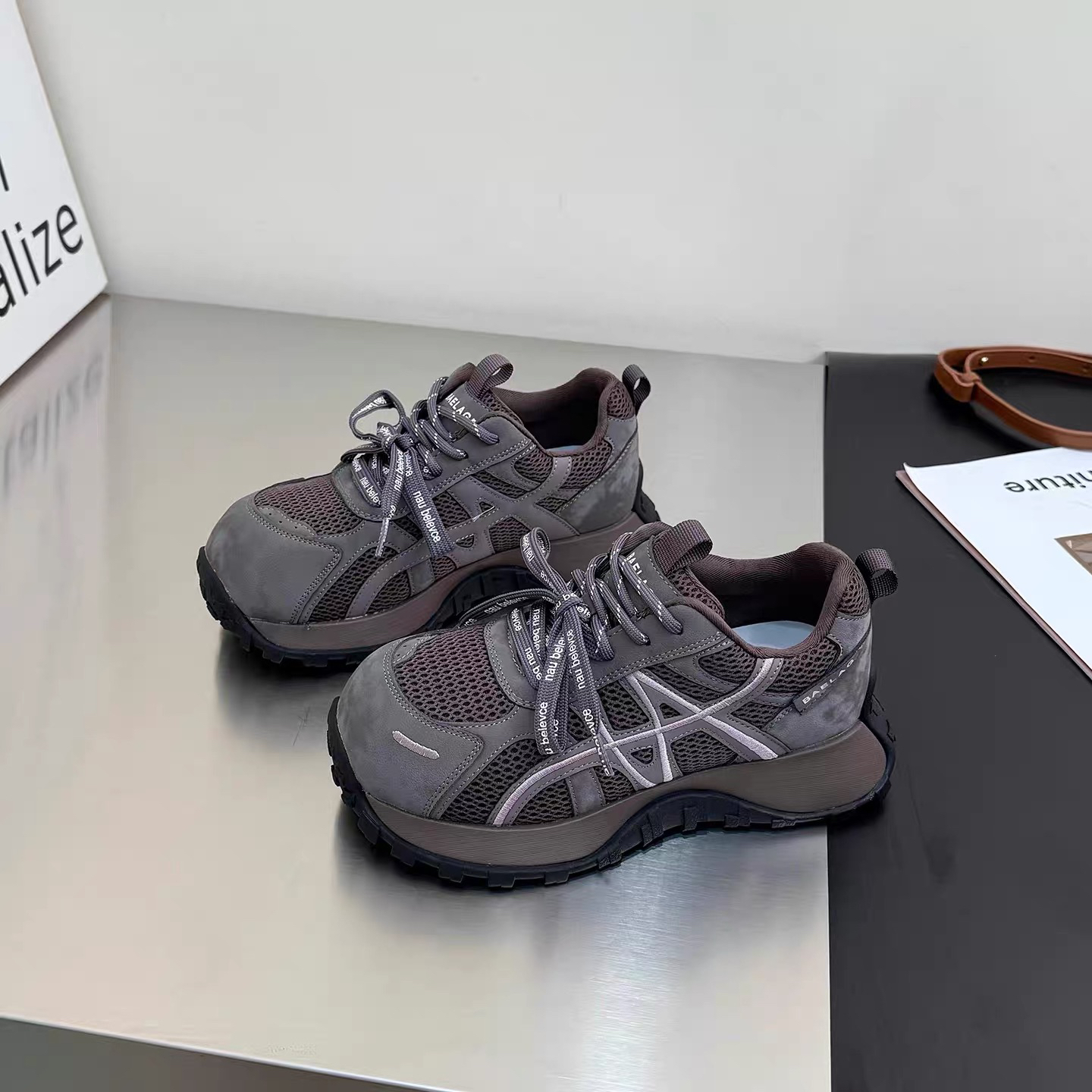 网面厚底老爹鞋女加绒秋冬新款双鞋带休闲运动显脚小百搭保暖