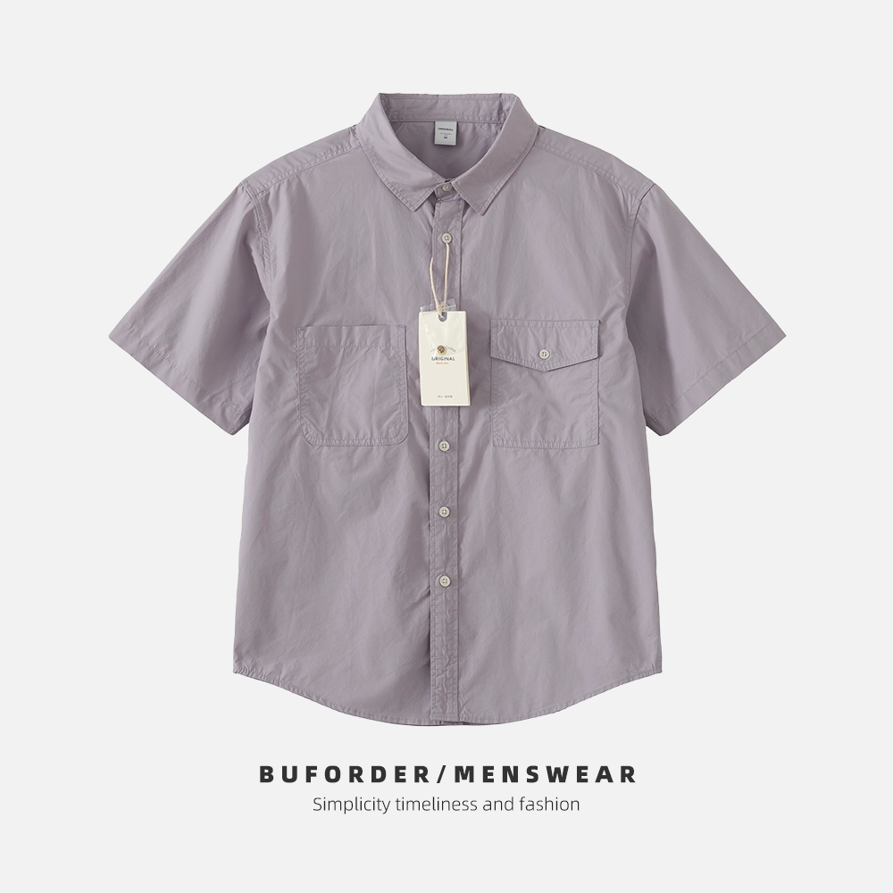 复古男士休闲短袖夏季工装衬衫薄款宽松潮流日系翻领纯色衬衣潮