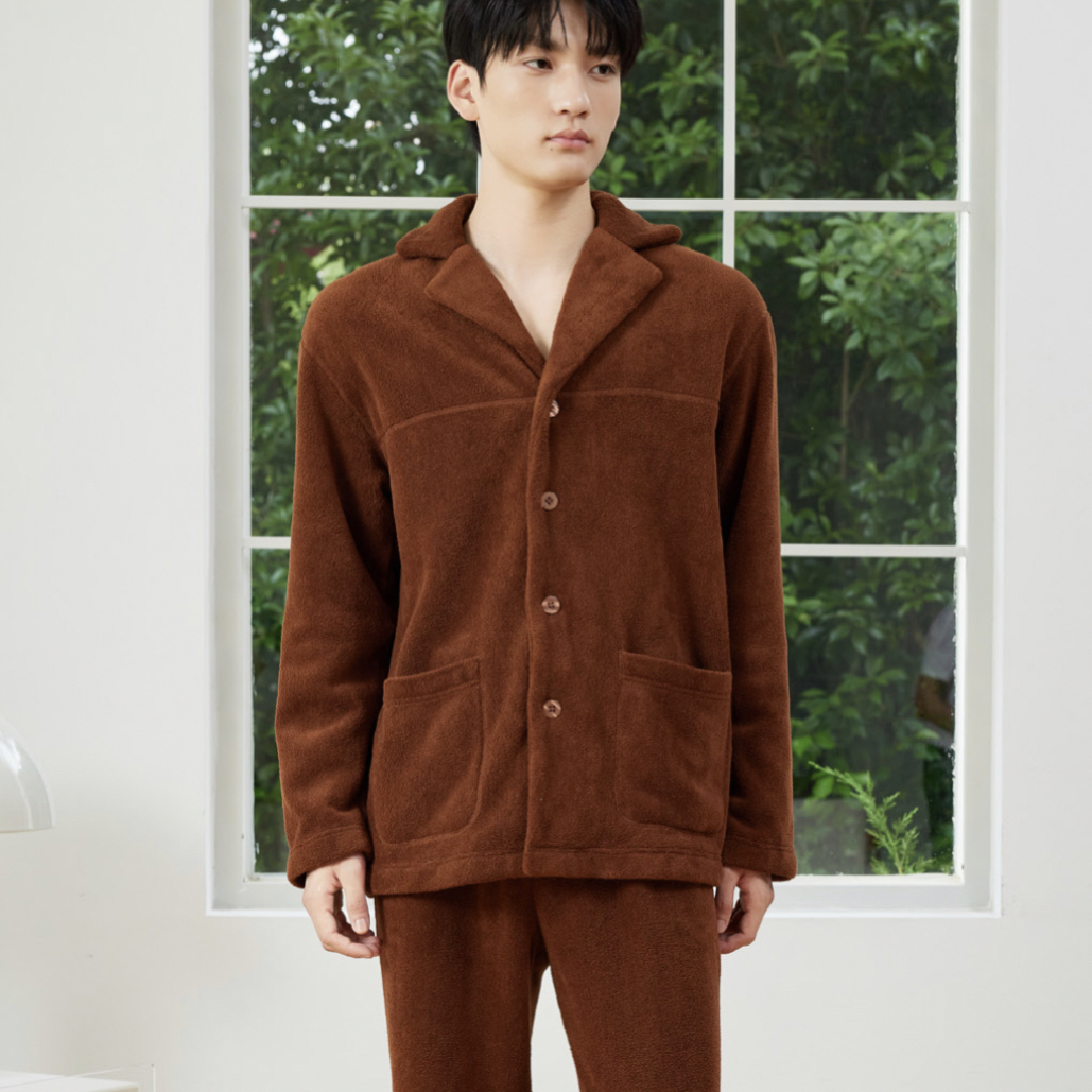 男士加厚加绒珊瑚绒法兰绒长袖睡衣套装秋冬保暖家居服