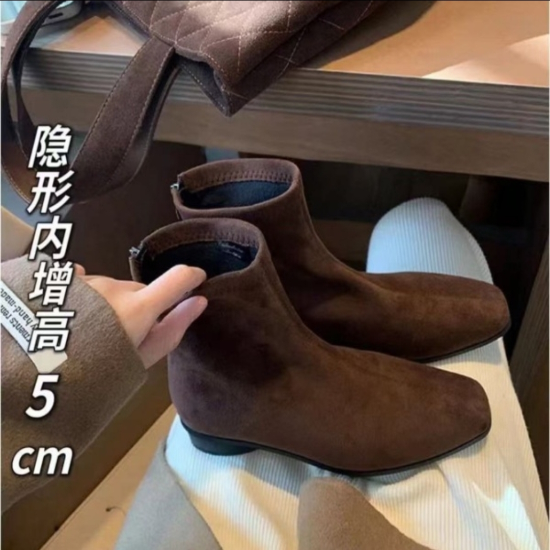开播宠粉 小个子粗跟短靴内增高5cm法式方头复古秋冬拉链平底女靴