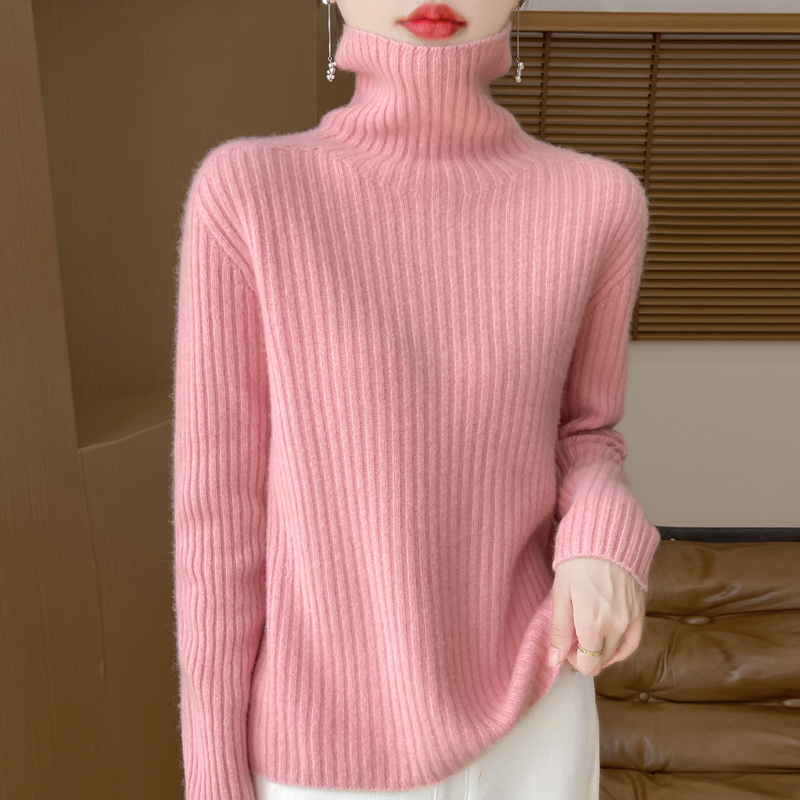 秋冬新款一线成衣重磅七针加厚高领坑条羊毛打底衫女