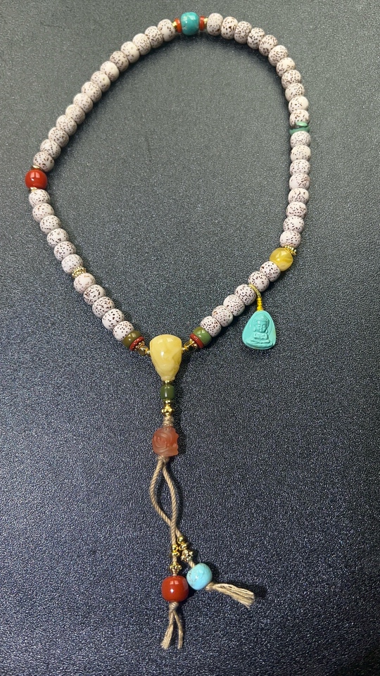 原矿绿松石新月菩提配蜜蜡三通手持