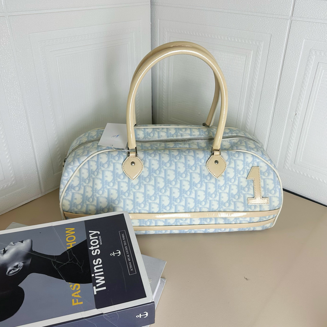95新 DIOR/迪奥 95新 蓝色老花保龄球中号手提单肩包