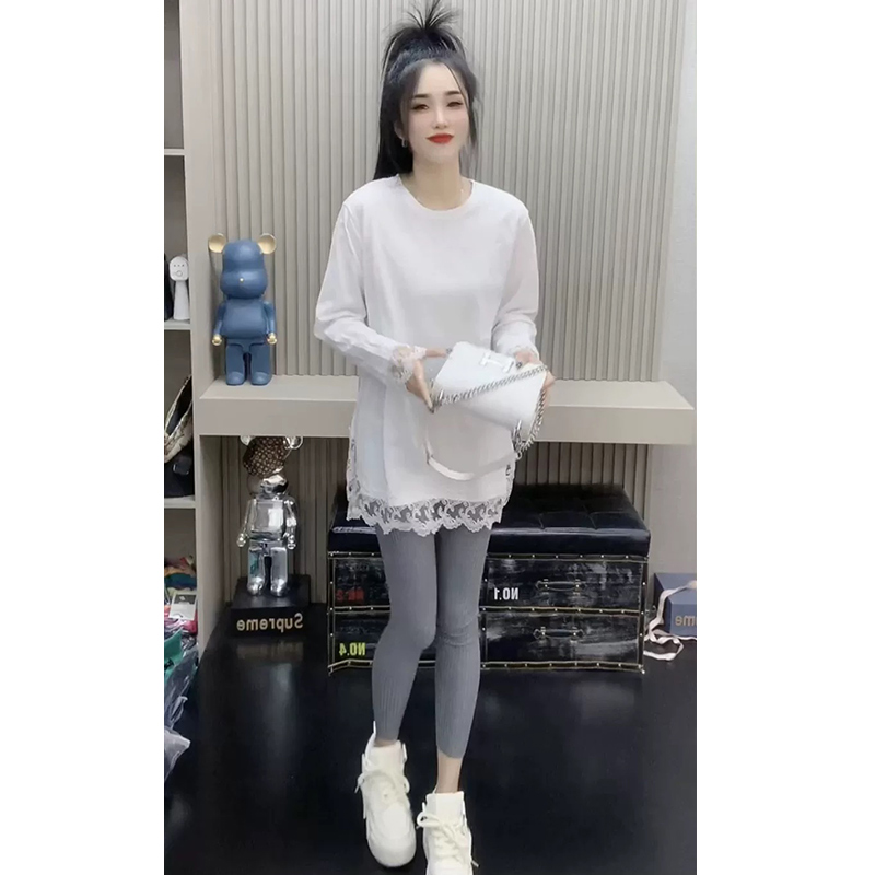 秋冬新款白色蕾丝加绒加厚拼接长袖打底衫2025高级显瘦中长款T恤