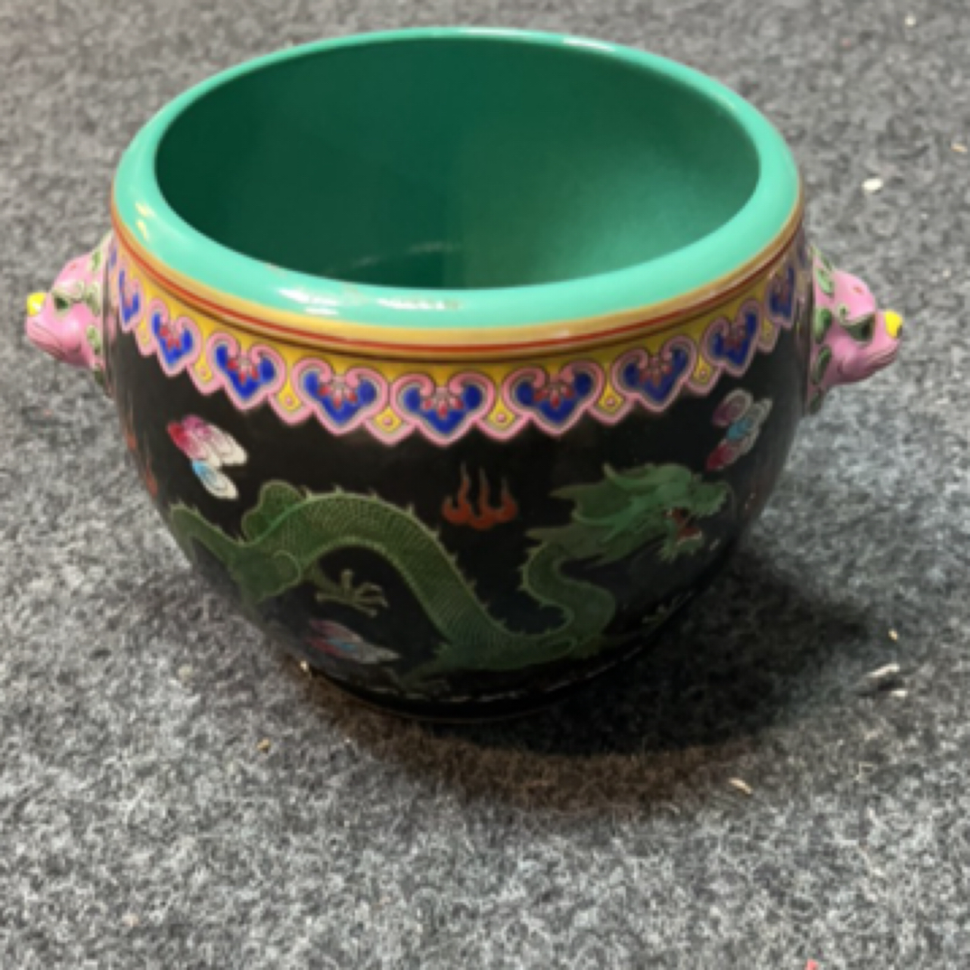 乌金釉绿龙双狮耳笔洗