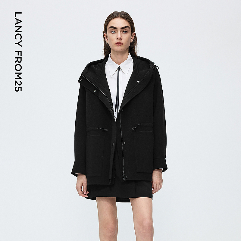 朗姿短款纯羊毛黑色高级感连帽大衣秋冬女款新款毛呢外套