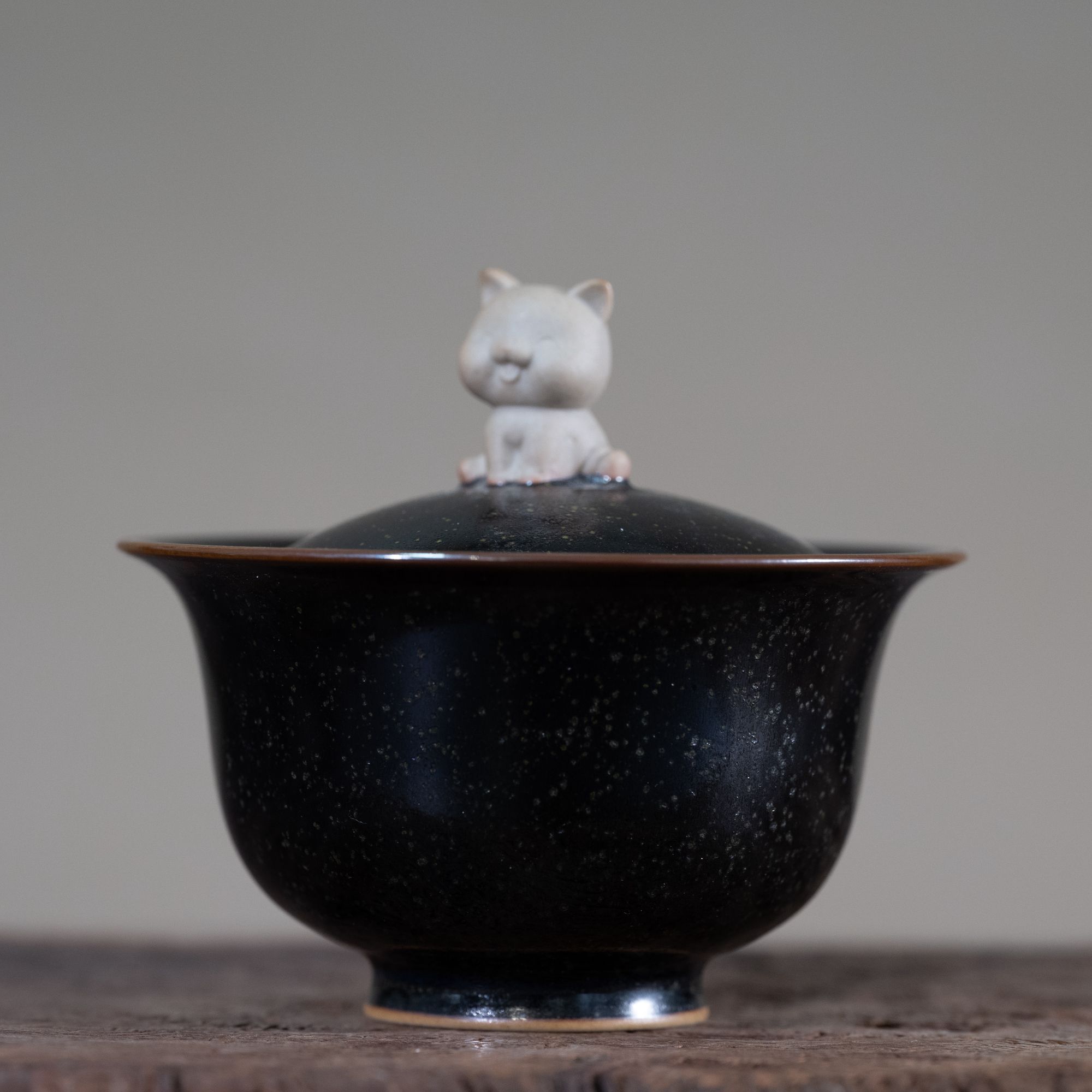 猫咪主题乌金釉盖碗 仿古陶瓷茶具