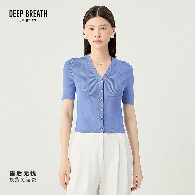 DEEP BREATH深呼吸女装新款时尚V领套头短袖针织开衫女A400865