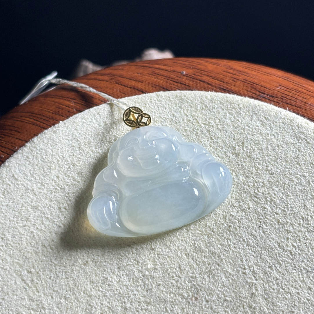 天然缅甸A货翡翠18k金镶嵌冰种佛公冰胶笑佛笑口常开21.5*23*4