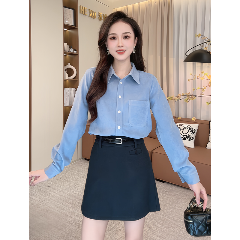 法式复古纯色有口袋长袖衬衫女2024秋冬季新款百搭显瘦时尚上衣
