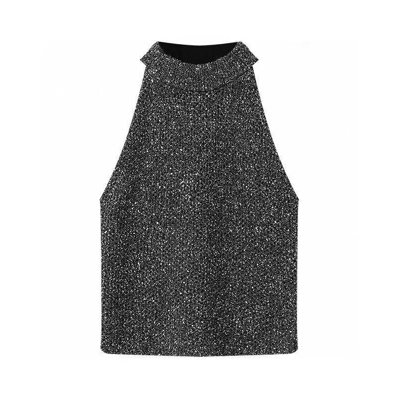 艾家2025冬季新款亮片显瘦无袖针织衫女8109