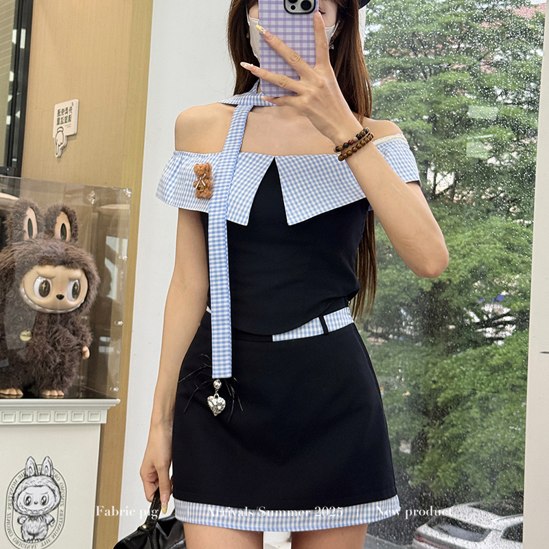 【航行日志】休闲学院风套装女夏拼接设计一字肩上衣阔腿长裤