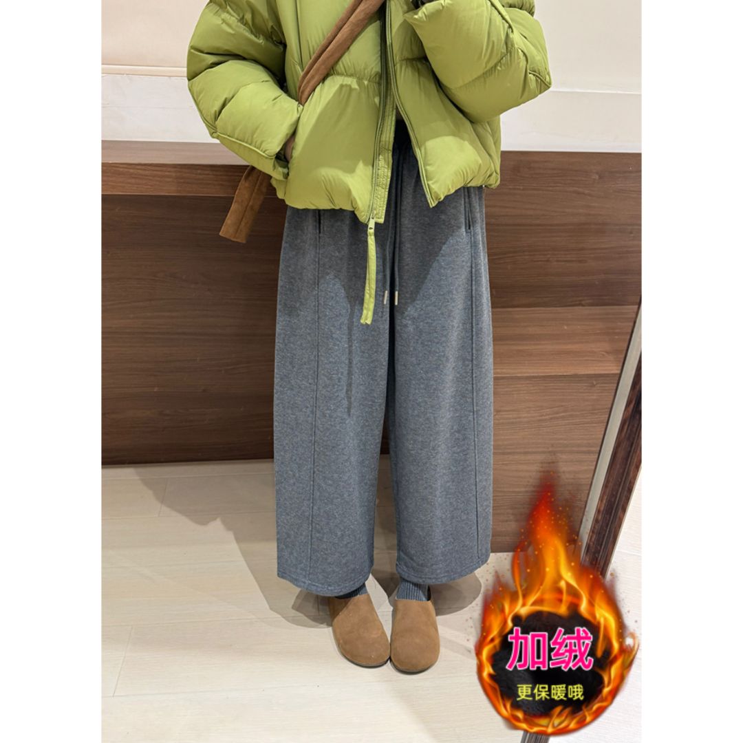 韩版简约风休闲裤女秋冬加绒加厚宽松高腰显瘦大码垂感阔腿卫裤