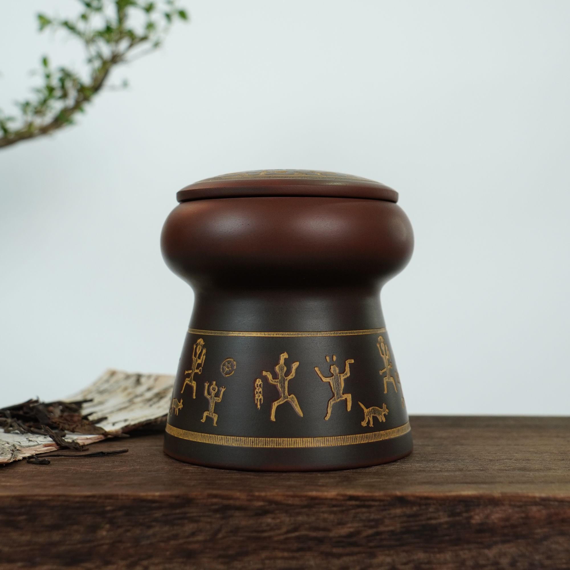 陶礼【骆越鼓韵】广西钦州坭兴陶骆越花山鼓韵茶叶罐100g配礼盒