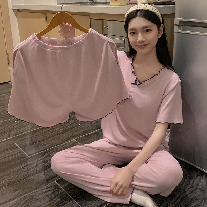 2144再生纤维素带胸垫睡衣女士短袖长裤套装家居服套装送短裤