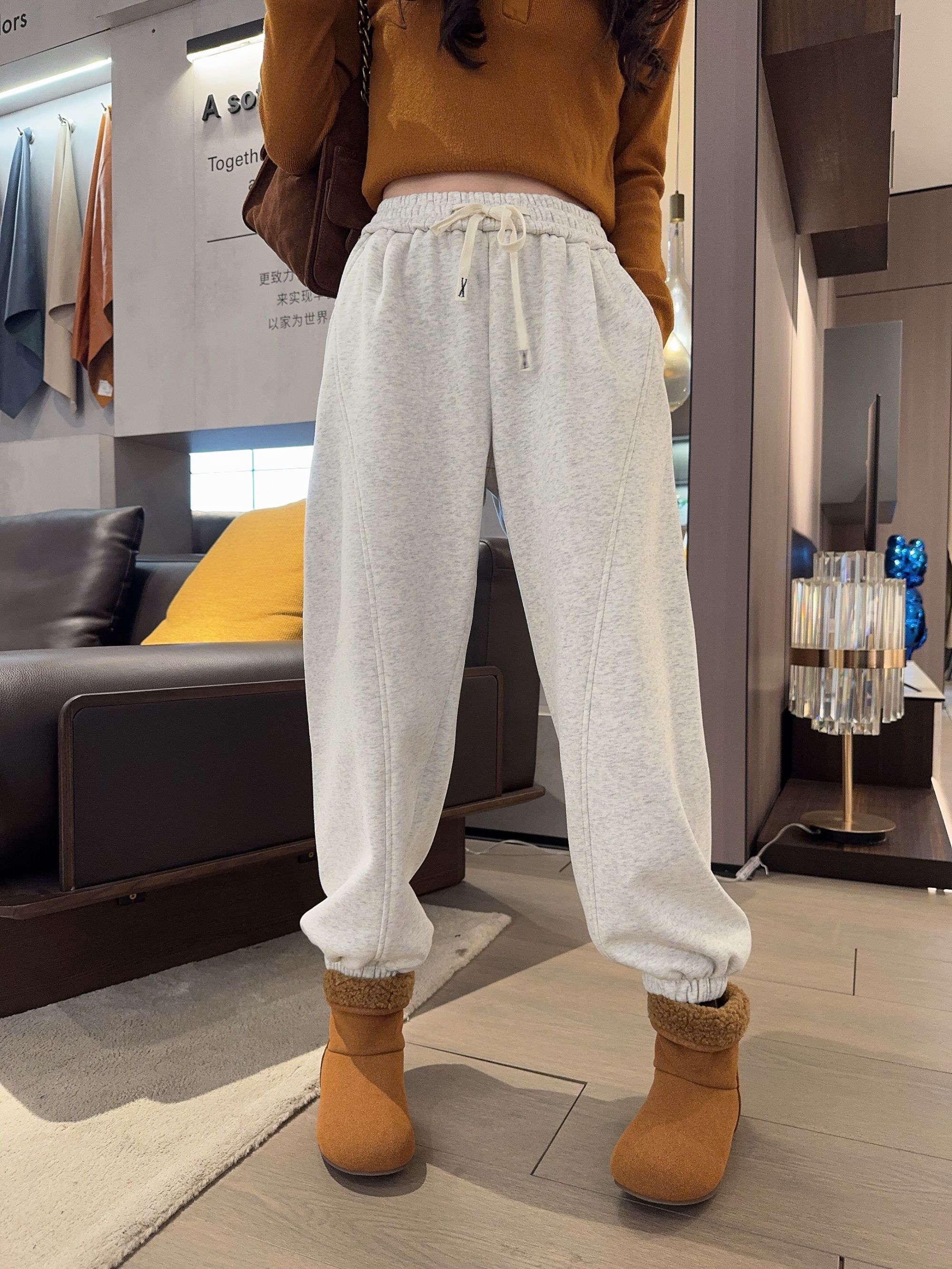 新款大码女装彩色休闲加绒卫裤宽松加长舒适百秋搭抽绳#7282