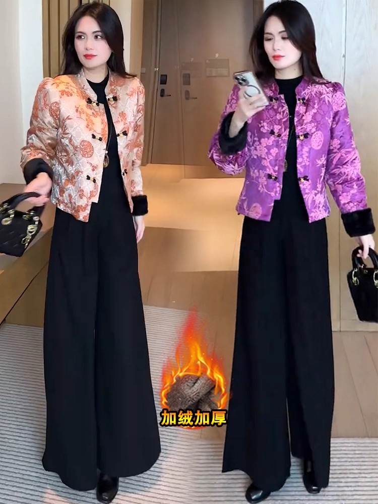 加绒加厚新中式短款外套女冬季新款洋气减龄立领提花盘扣保暖棉袄