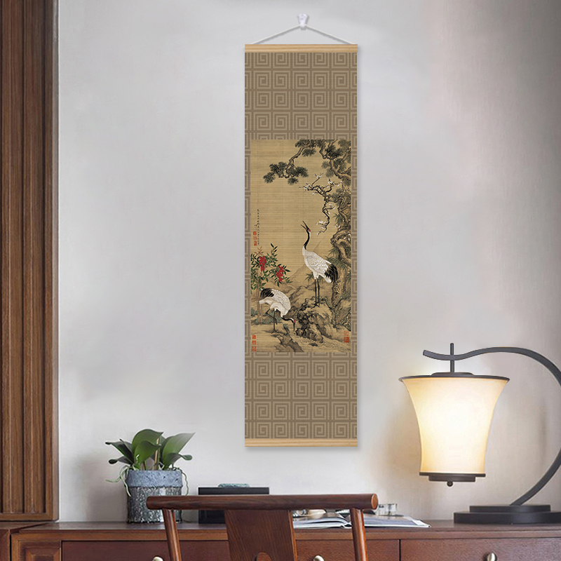 沈铨松梅双鹤图卷轴竹挂画茶室禅意背景玄关客厅装饰画沙发背景墙