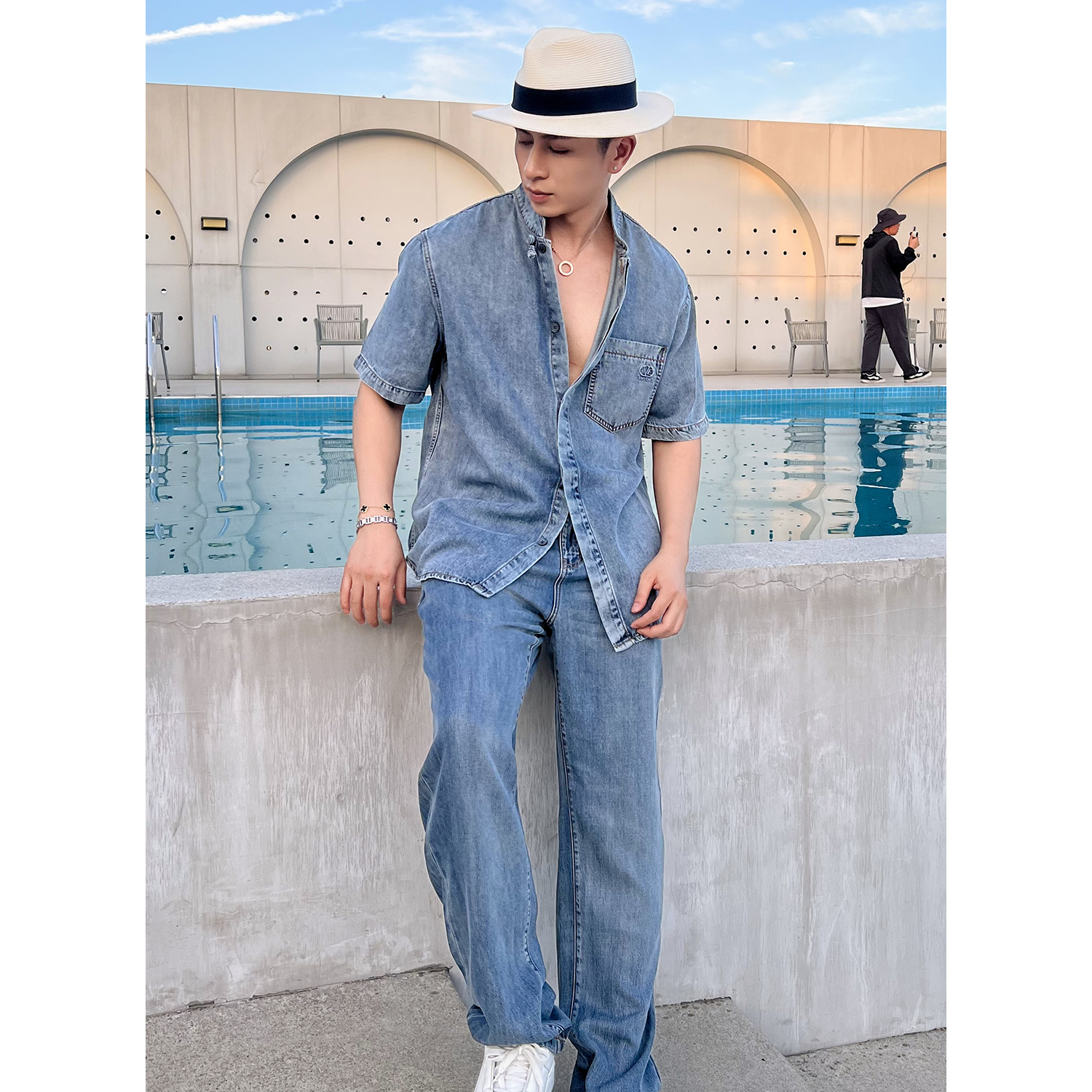 言吉莱赛尔时尚休闲套装夏季新款天丝牛仔短袖衬衫套装YJT20078