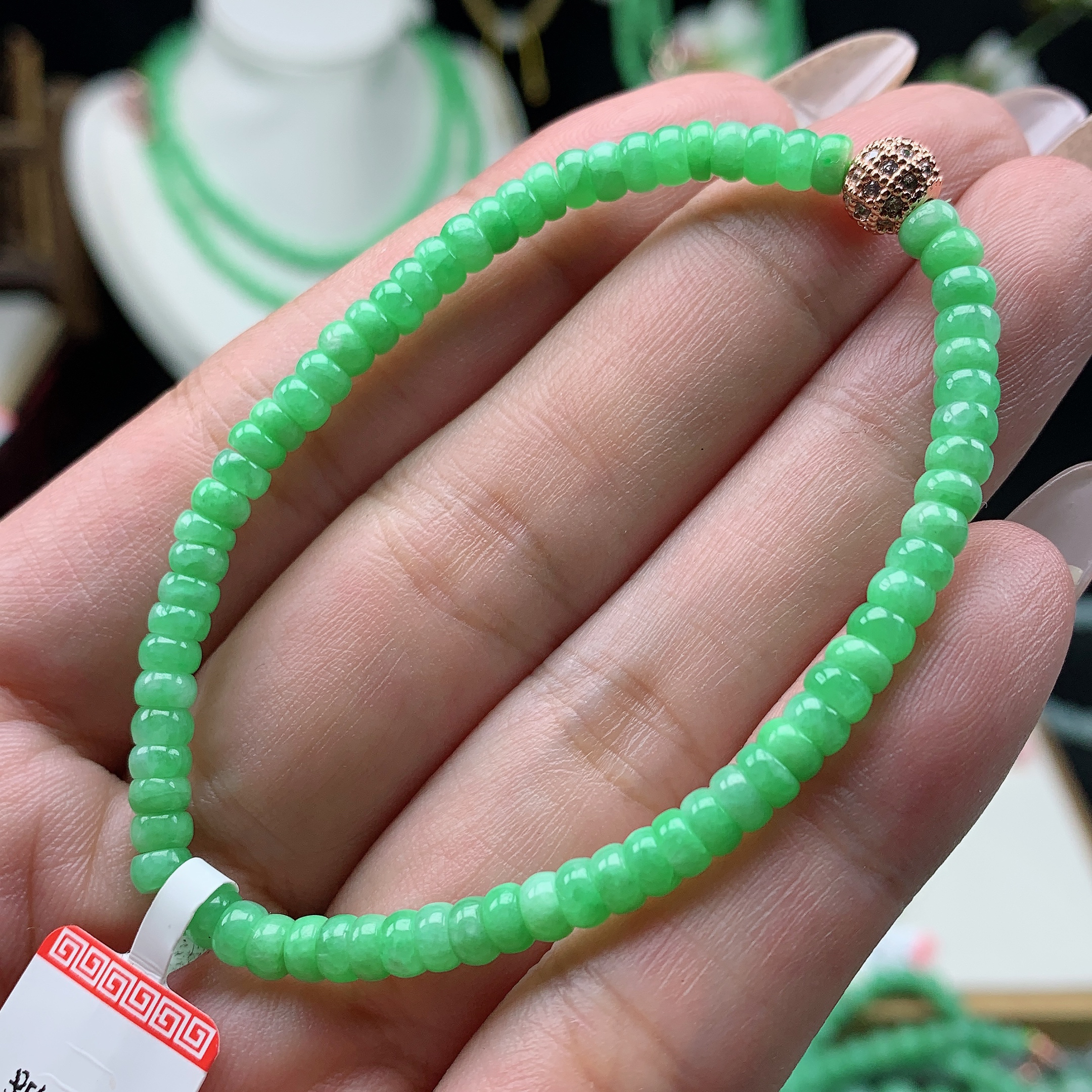 缅甸翡翠a货阳绿算盘珠手链手串4.1mm