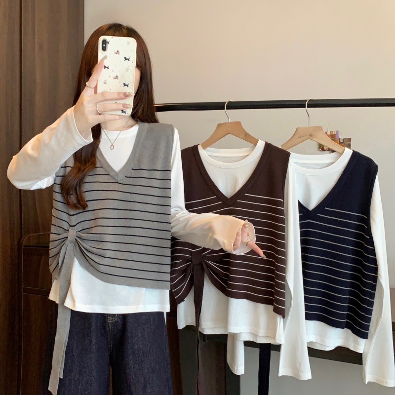 大码女装2025秋冬新款打底衫显瘦条纹长袖上衣针织马甲两件套2250