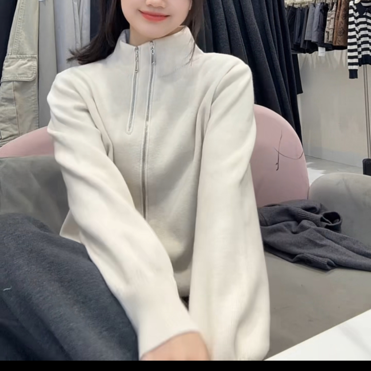 双拉链立领韩版宽松显瘦长袖针织开衫秋冬时尚休闲毛衣外套