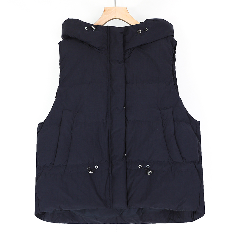 【藏青】羽绒连帽抽绳保暖马甲女宽松显瘦百搭无袖厚背心外套