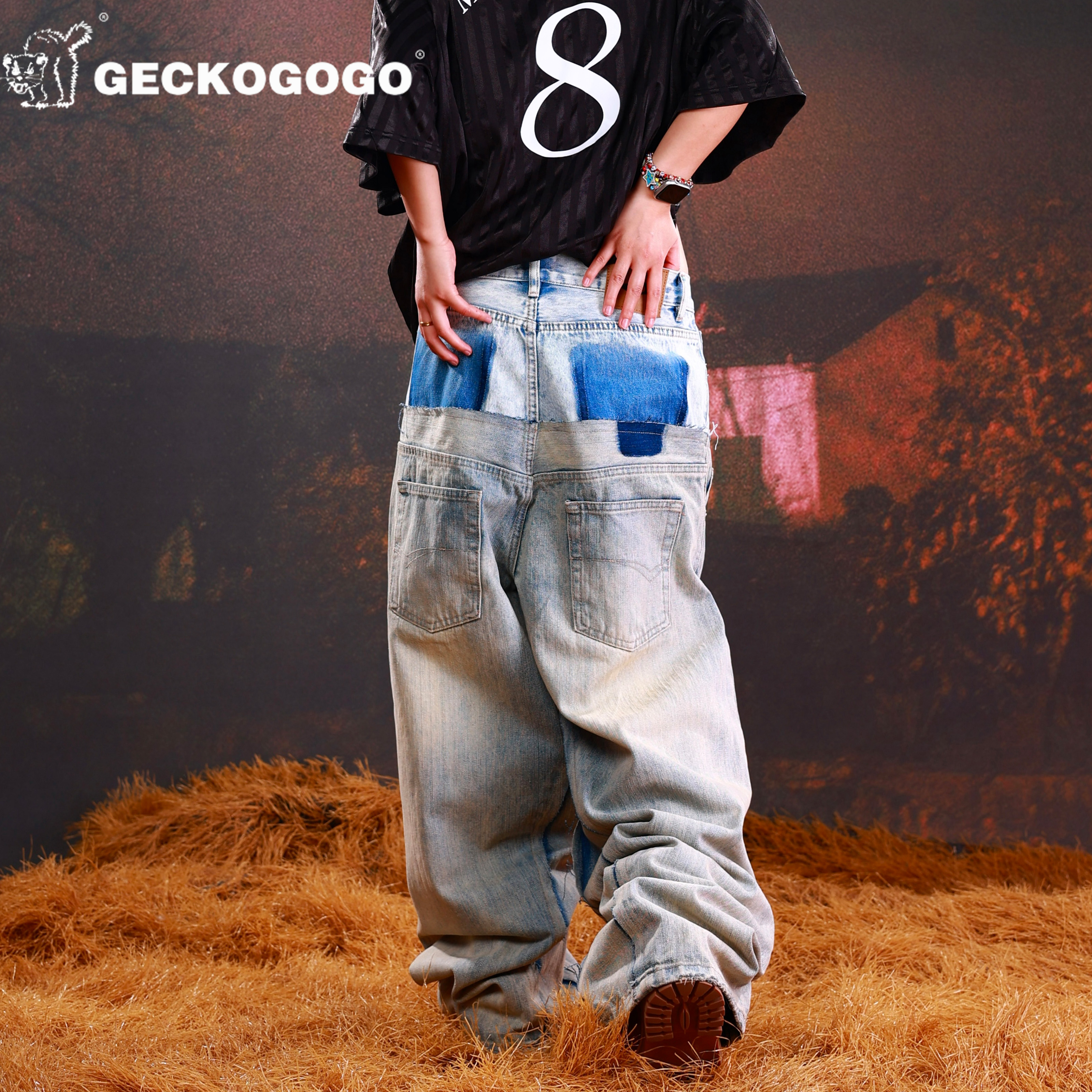 GECKOGOGO美式街头宽松慵懒四季宽直筒复古拼接做旧牛仔裤男女款