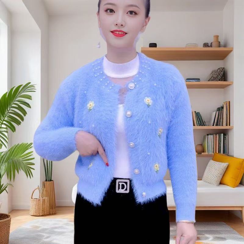 M8-水貂绒珠珠]圆领开衫洋气针织冬季女装毛针织衫常规加厚短款