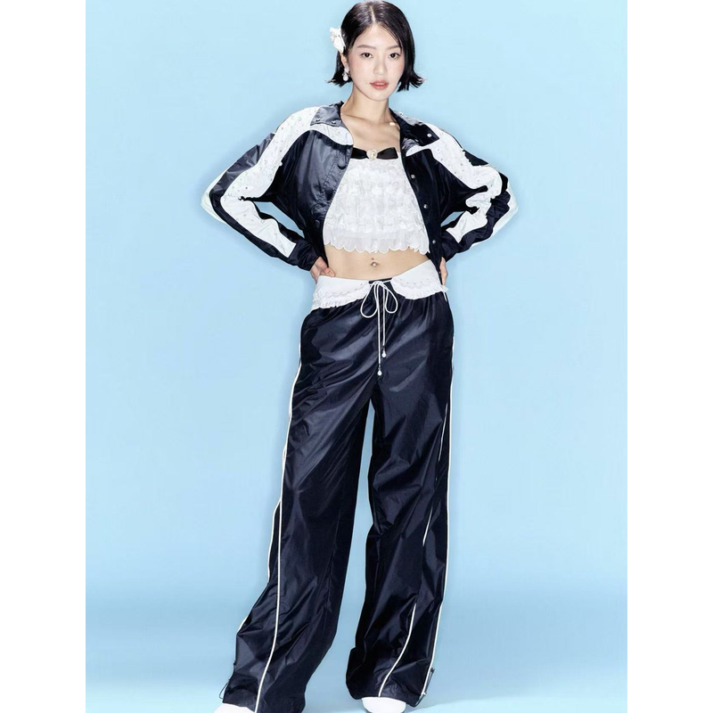 【Q051】2025秋季新款拼色设计时尚蝴蝶结钉珠短棒球服外套套装