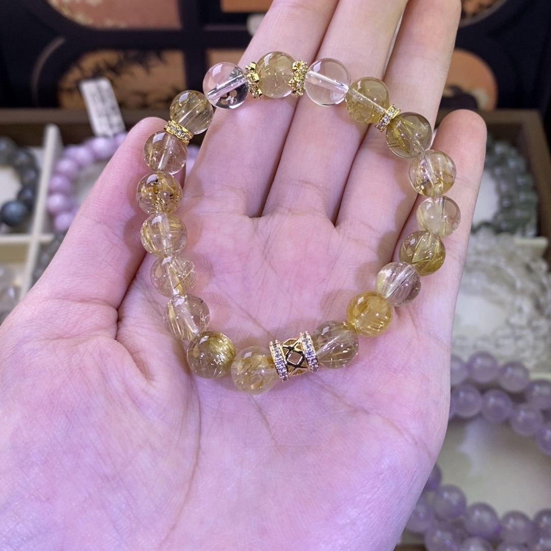 水晶手链银S925镶嵌金发晶9.5mm