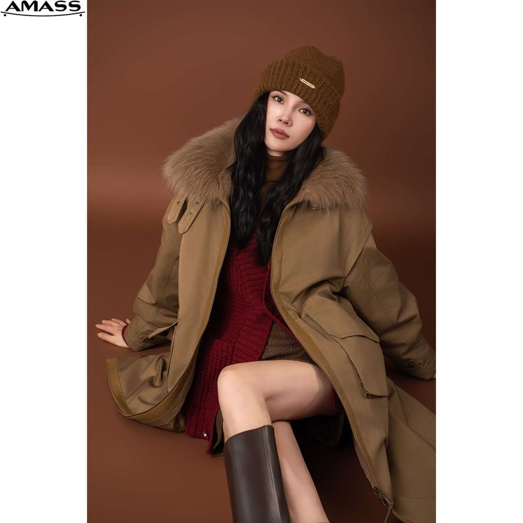 AMASS/阿玛施冬季保暖宽松抽绳毛领韩版加厚中长款棉衣女 5400734