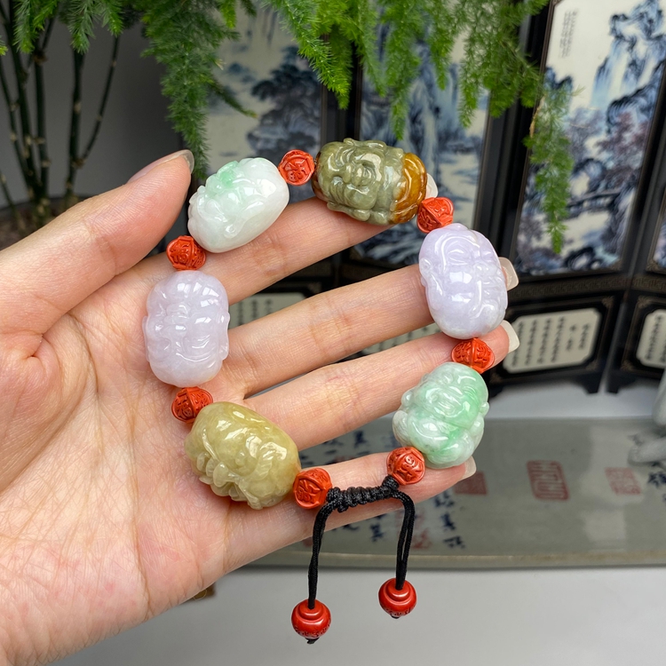 紫罗兰黄绿三彩弥勒佛笑口常开手串 天然翡翠A货
