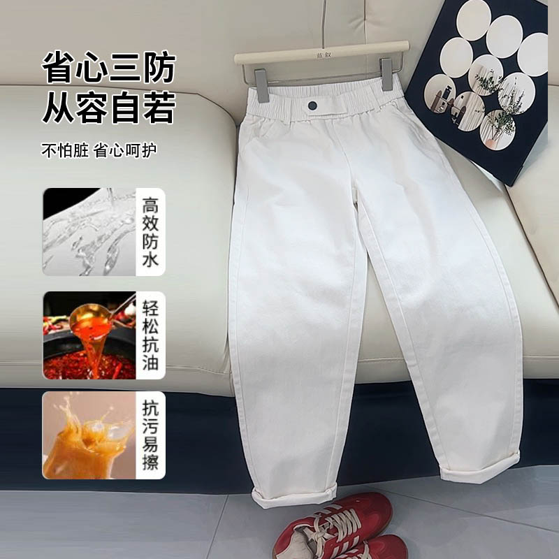 6918亲肤透气防水防油防污白色春夏休闲裤女显瘦高腰九分裤哈伦裤
