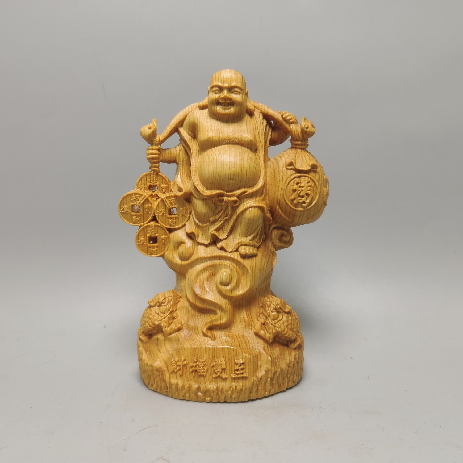 木雕财福双至弥勒佛像摆件木质雕刻工艺品家居饰品