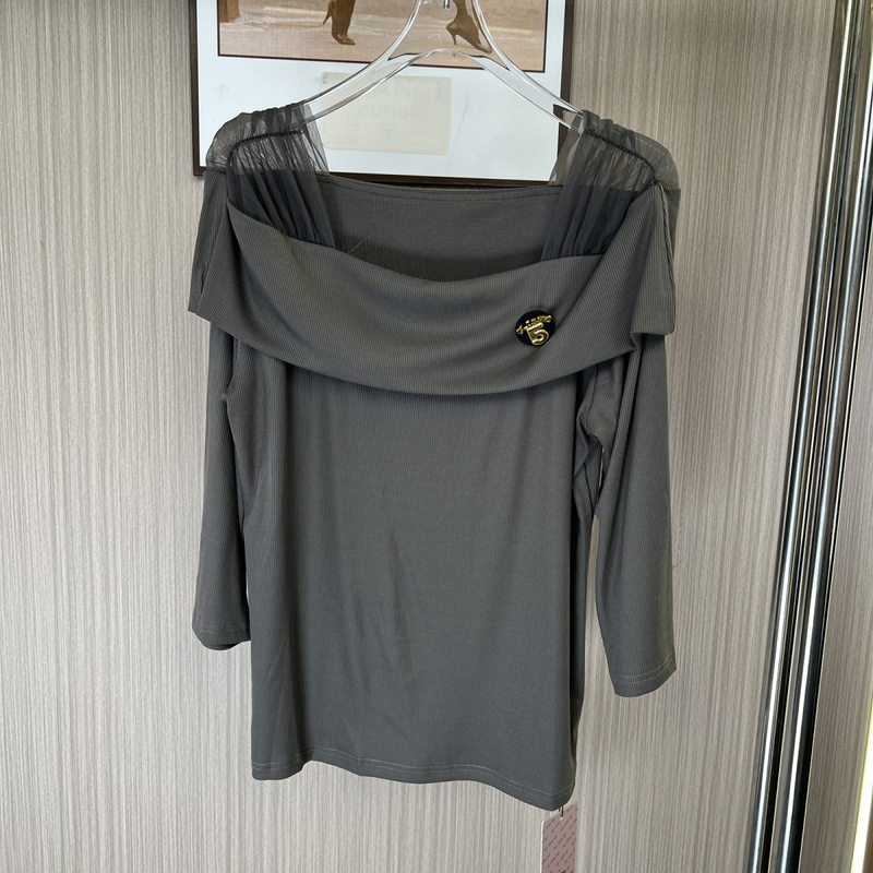 9055撤柜az新款露背早秋上衣方领气质短袖洋气T恤一字领长袖打底