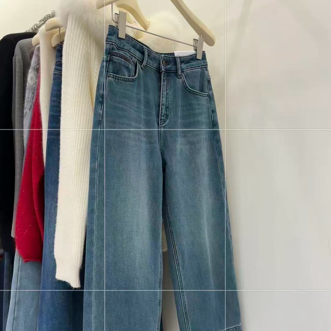 L.K粉丝福利～推荐小个子卡布地高腰显瘦四面弹加绒直筒牛仔裤女潮