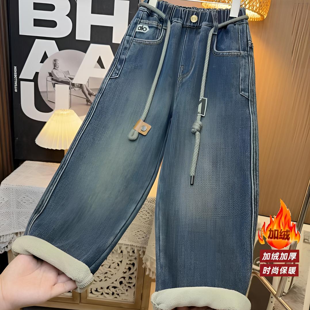 【加绒升级】儿童加绒牛仔裤中大童韩版加厚一体绒裤子男女童冬童装