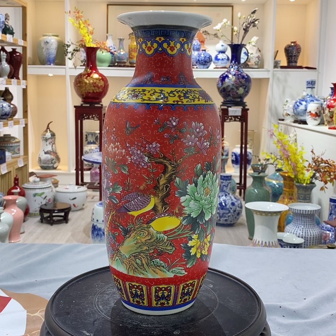 陶摆件36cm红色祥凤来仪冬瓜瓶