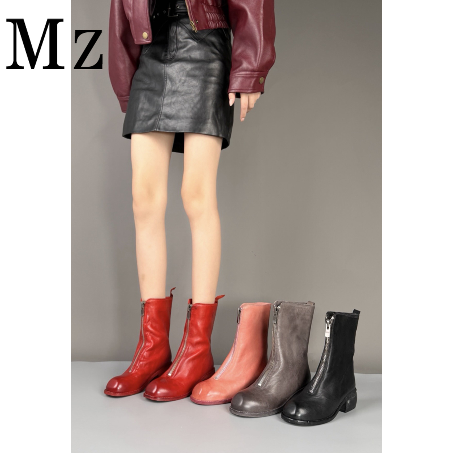 【奢品】鬼家同款前拉链短靴显瘦百搭粗跟高跟秋冬休闲复古真皮靴子
