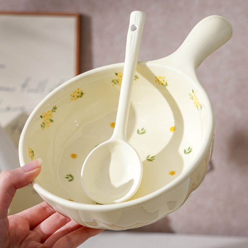 【手柄碗+勺】奶油风琉璃花手把碗米饭碗汤碗勺陶瓷餐具家用防烫碗