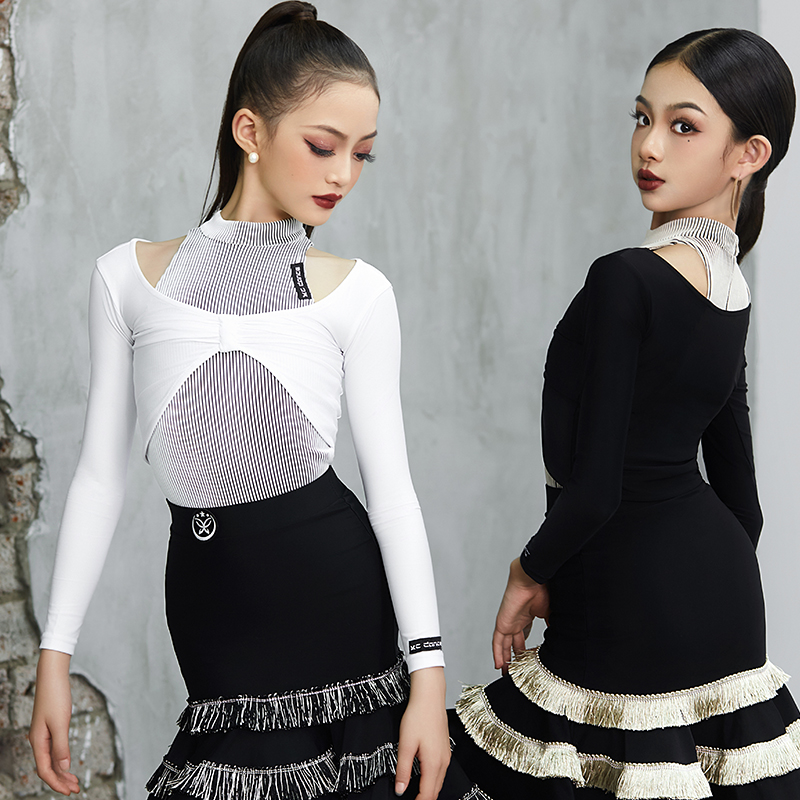 星辰舞服拉丁舞练习服三件套长袖显气质显瘦流苏裙女童成人显腿长