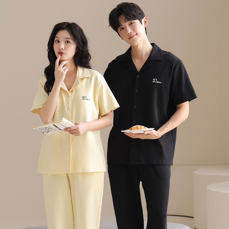 【棉眠细语】情侣纯棉男女款开衫薄睡衣短袖长裤可外穿家居服套装