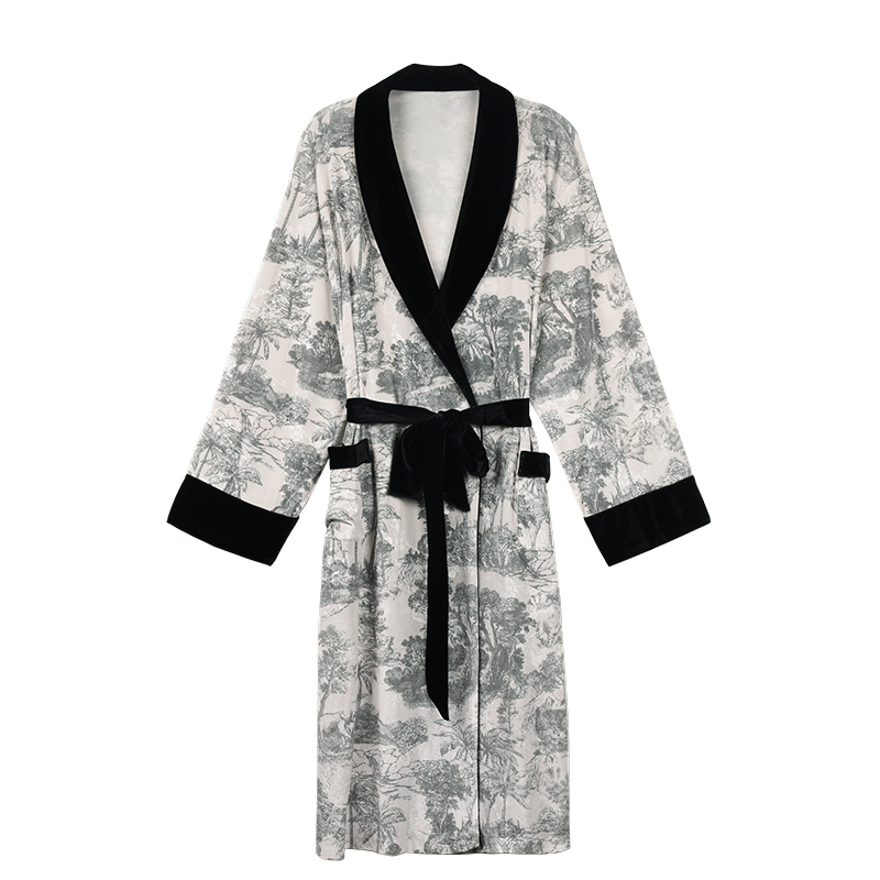 IIZZINI 睡袍女秋冬长袖金丝绒国风印花中长款可外穿奢华浴袍